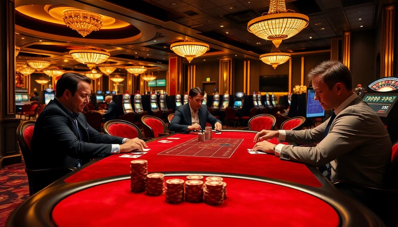 K88 players engage in a thrilling poker game at an upscale casino table, showcasing high-stakes action.