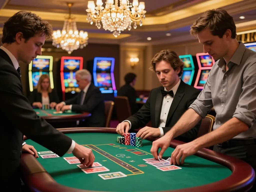 Players engaging in blackjack strategy at a C 168 table, showcasing intense focus and betting excitement.