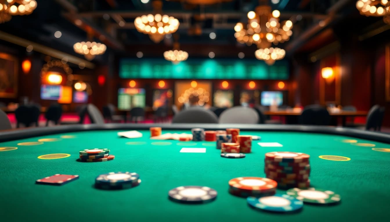 Engaging casino scene featuring AT99 poker table with colorful chips and cards in a lively atmosphere.