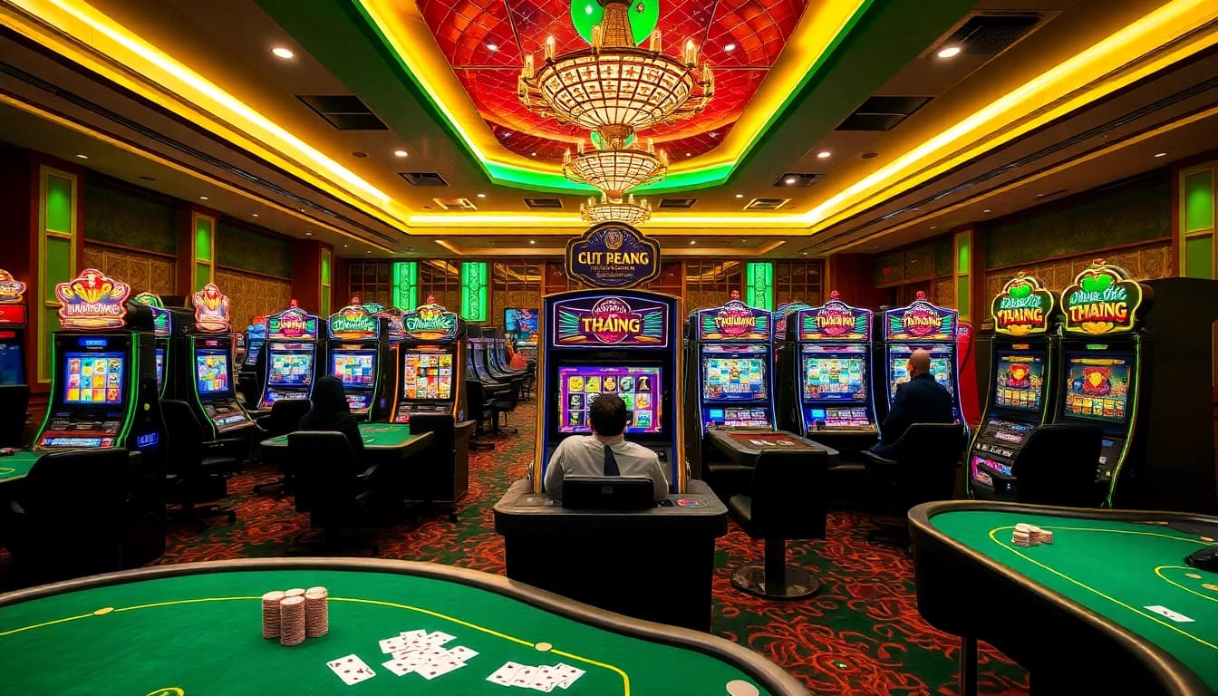 Nổ Hũ Đổi Thưởng slot machines create a vibrant casino atmosphere with players engaged in exciting gameplay.