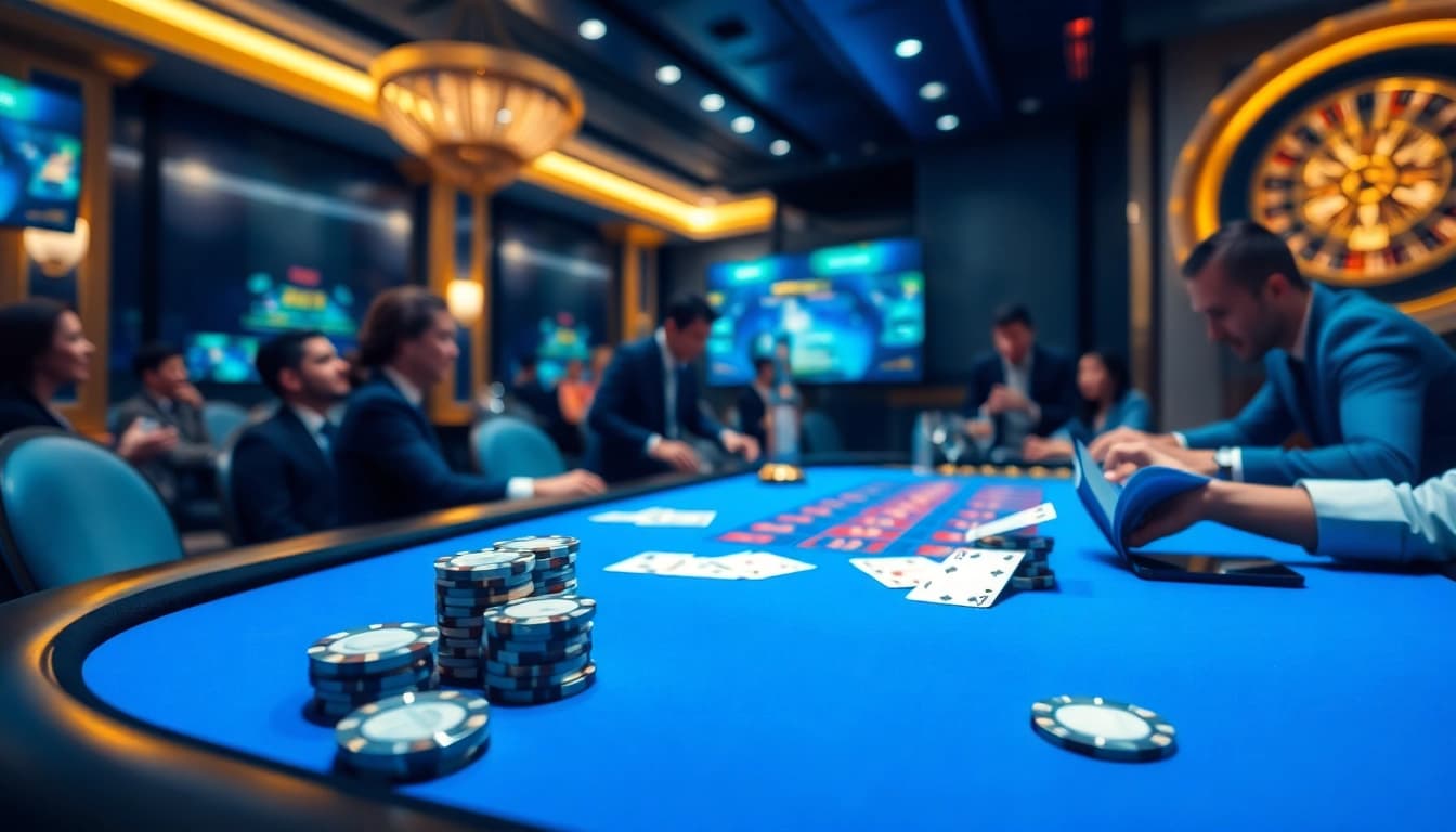 Experience the thrill of ph365 blue edition gaming at a luxurious casino table with vibrant poker chips and cards.