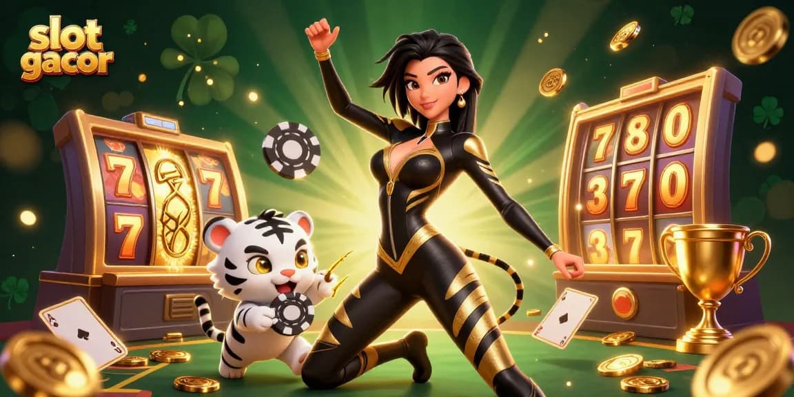 Engaging slot gacor scene featuring a dynamic woman and baby tiger with casino elements for thrilling play.