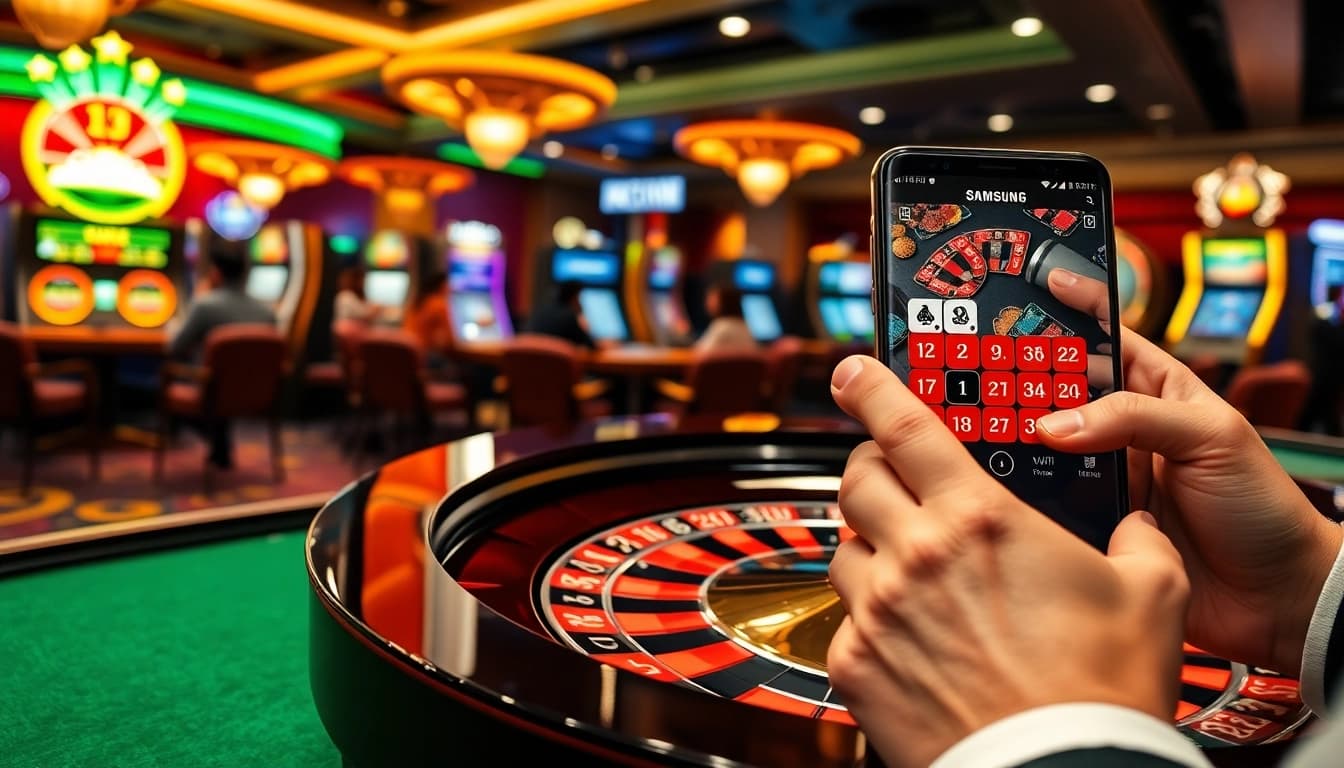 S8 gaming app interface displayed on a smartphone while players engage at a casino table.