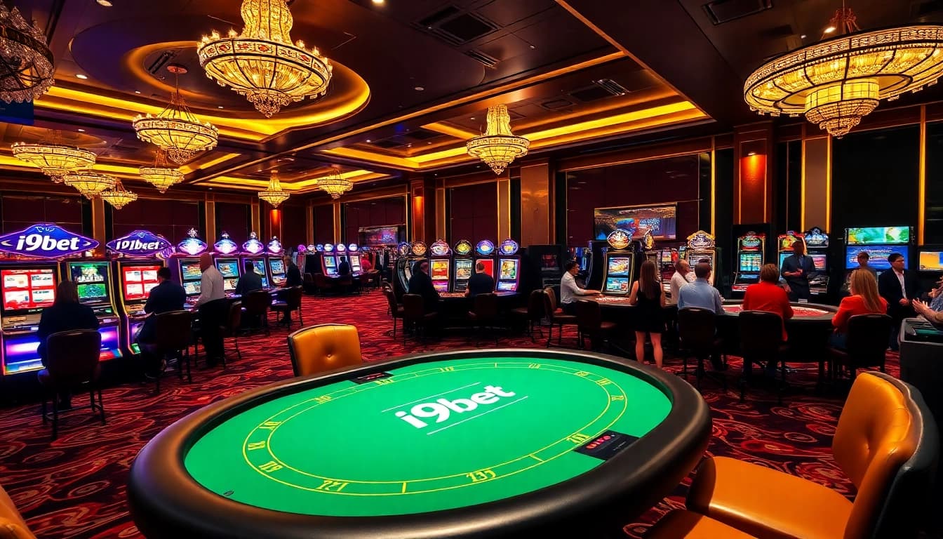 Experience the thrill of i9bet gaming at an upscale casino with vibrant tables and slot machines.
