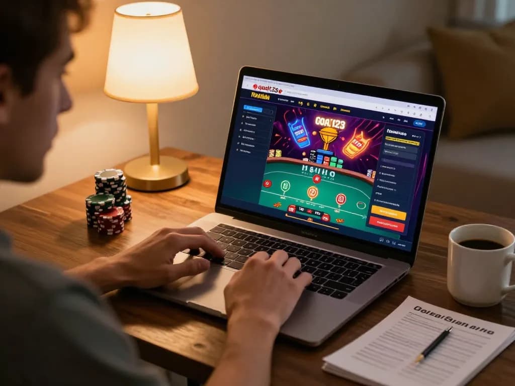 Engaging online gaming scene showcasing goal123 ac interface with player using laptop, cozy atmosphere.