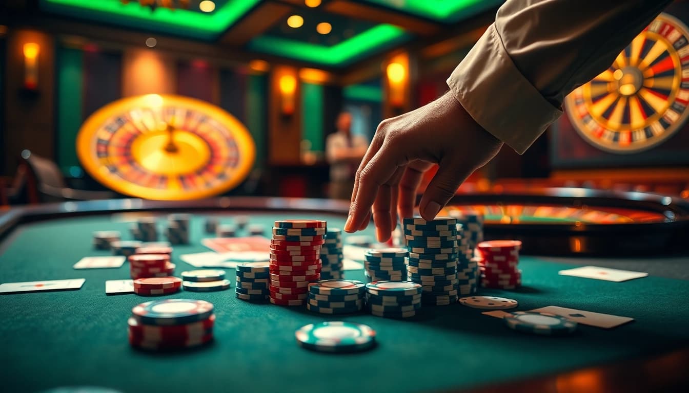 Players enjoying high-stakes poker at 13win casino table, vibrant atmosphere and luxury.