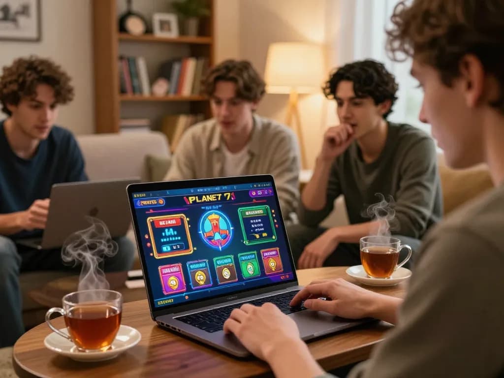 Pemain yang merencanakan strategi dengan Planet77 di suasana rumah yang nyaman sambil bermain game online.