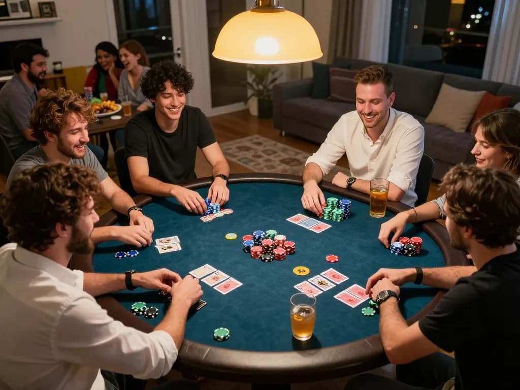 Players enjoying a friendly poker game at home with F8BET-themed chips and cards