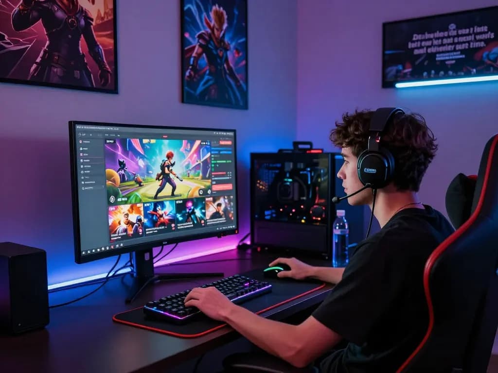 Engaged player exploring web sunwin online gaming platform in a colorful gaming setup.