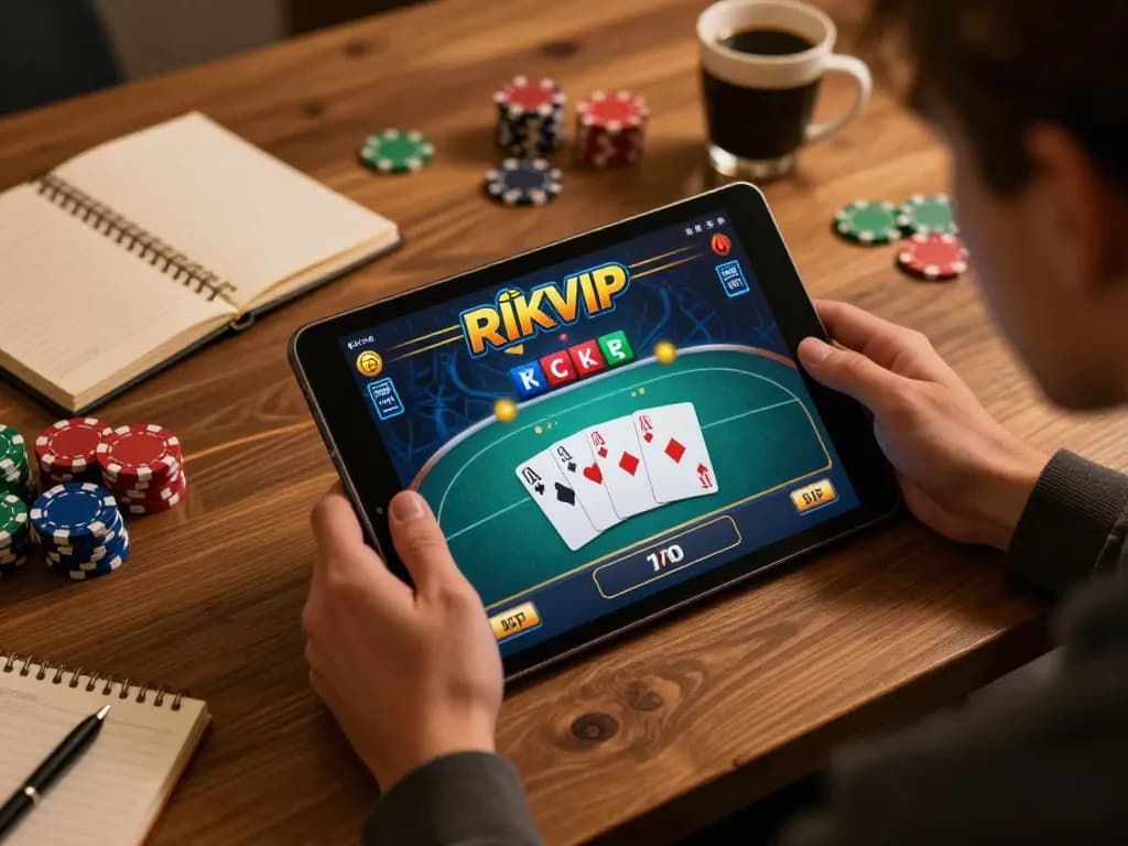 Engaging in strategic online gameplay at RIKVIP, showcasing dynamic poker cards and interactive chips.