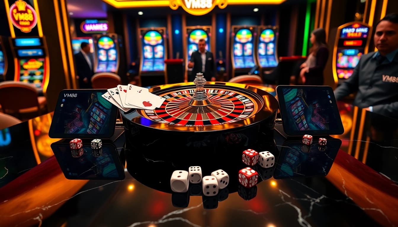 VM88 online gambling interface showing dynamic roulette and poker chips at a professional casino table