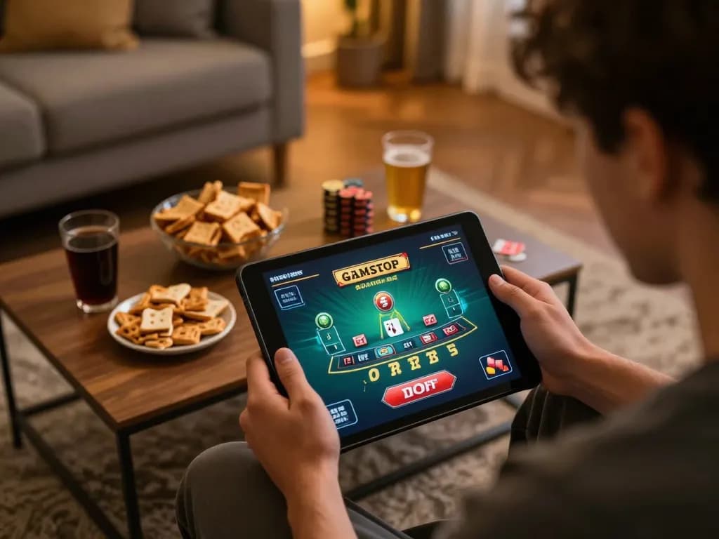 Engaging gameplay on a tablet with non Gamstop casinos, showcasing live dealer action in a cozy home setup.