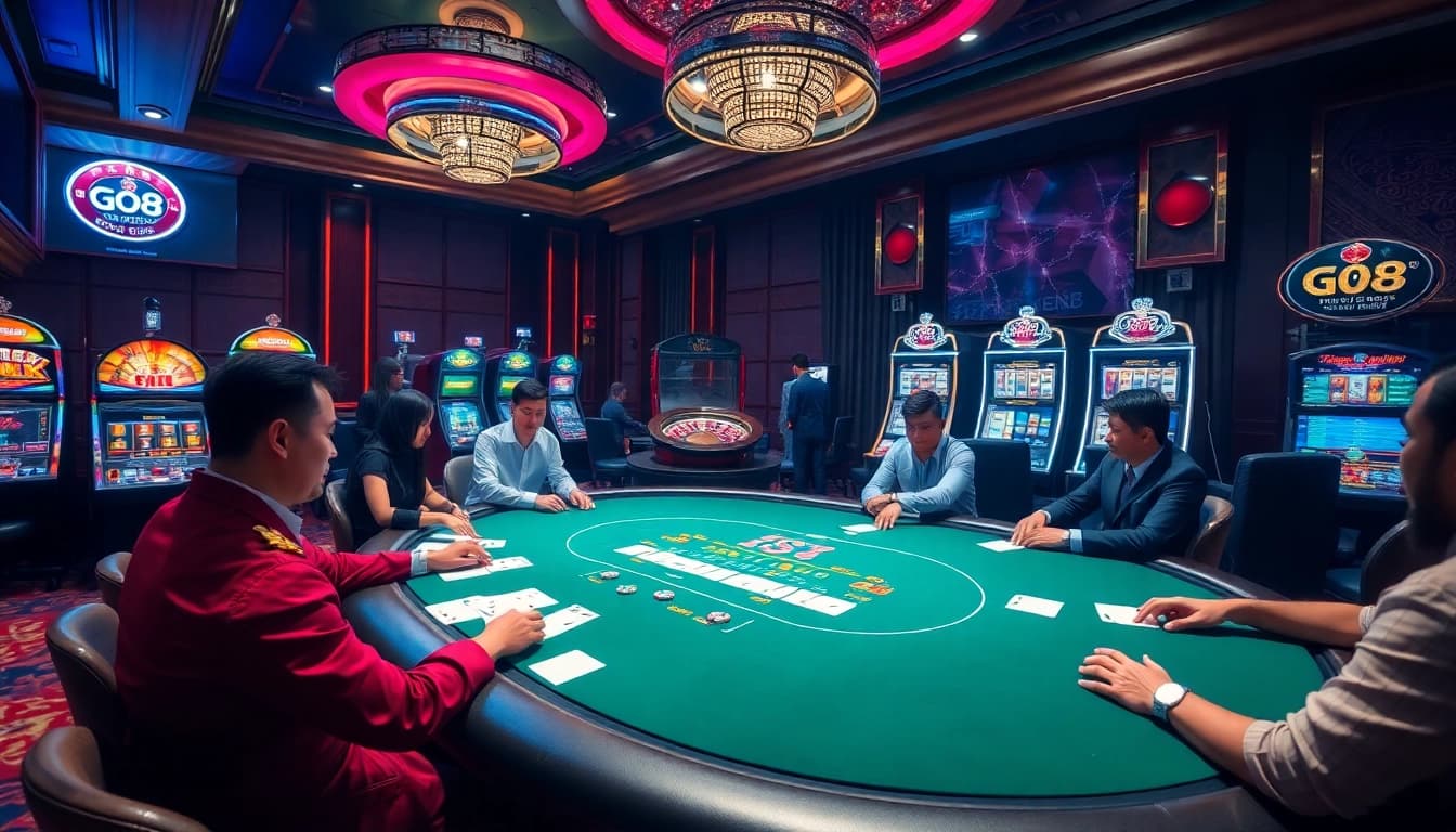Intense poker gameplay at Nhà Cái GO88, featuring vibrant slot machines and an elegant roulette wheel.