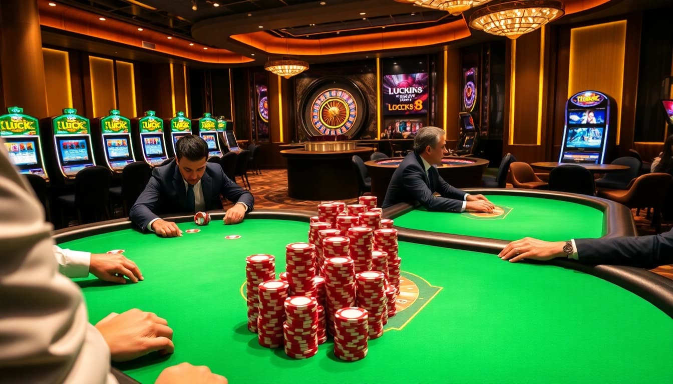 LUCK8 players enjoying a high-stakes poker game in a luxurious casino setting.