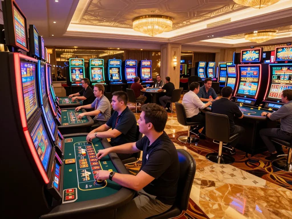 A player spinning a slot machine at https://rr88co.net/ amid an exciting casino floor atmosphere