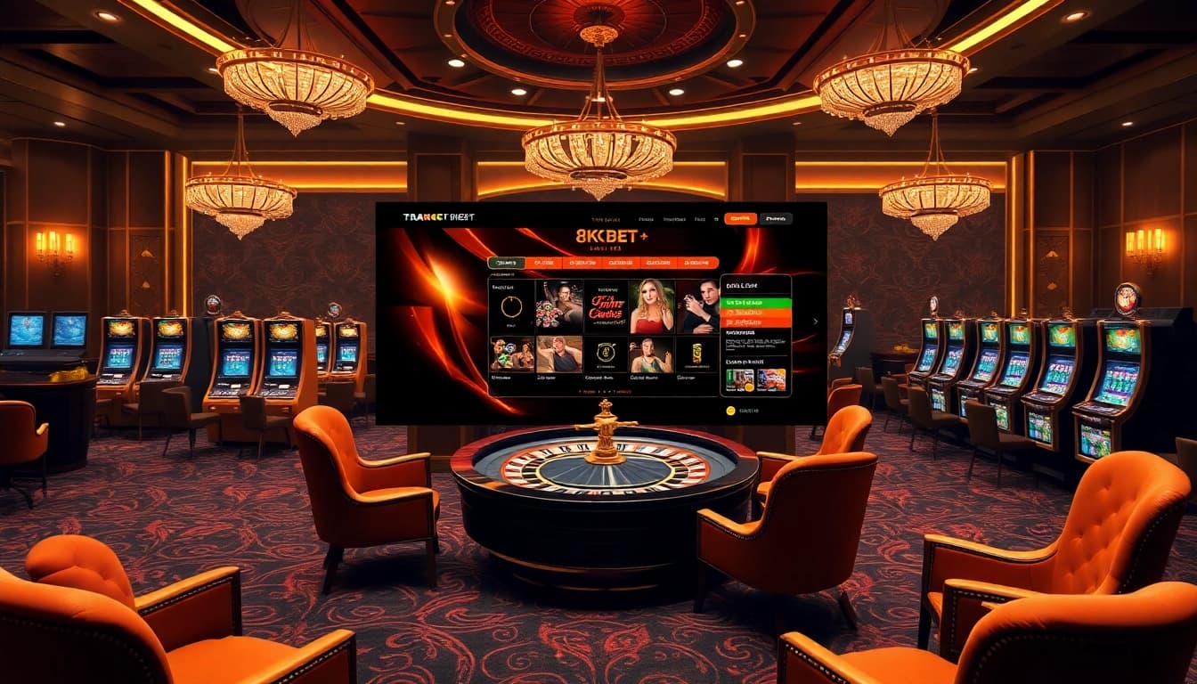 Experience the excitement of TRANG CHỦ 8KBET with a dynamic online casino setting filled with roulette and poker elements.
