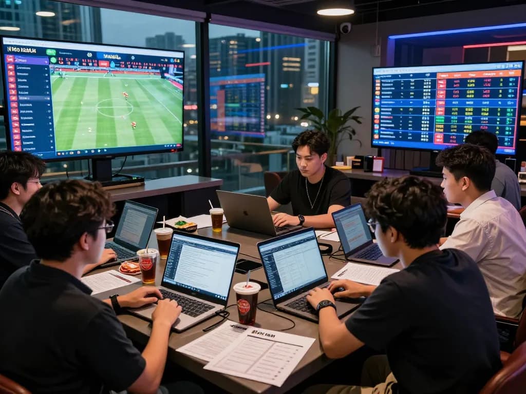 Engaged sports betting enthusiasts analyzing kèo nhà cái in a modern lounge, surrounded by live data screens.