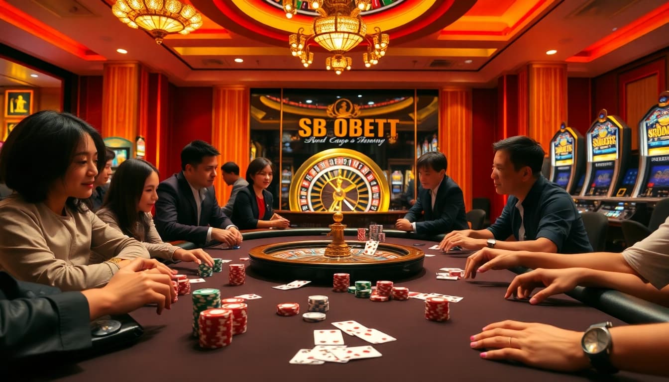 SBOBET betting table with vibrant poker chips and a spinning roulette wheel highlighting the excitement of gambling.