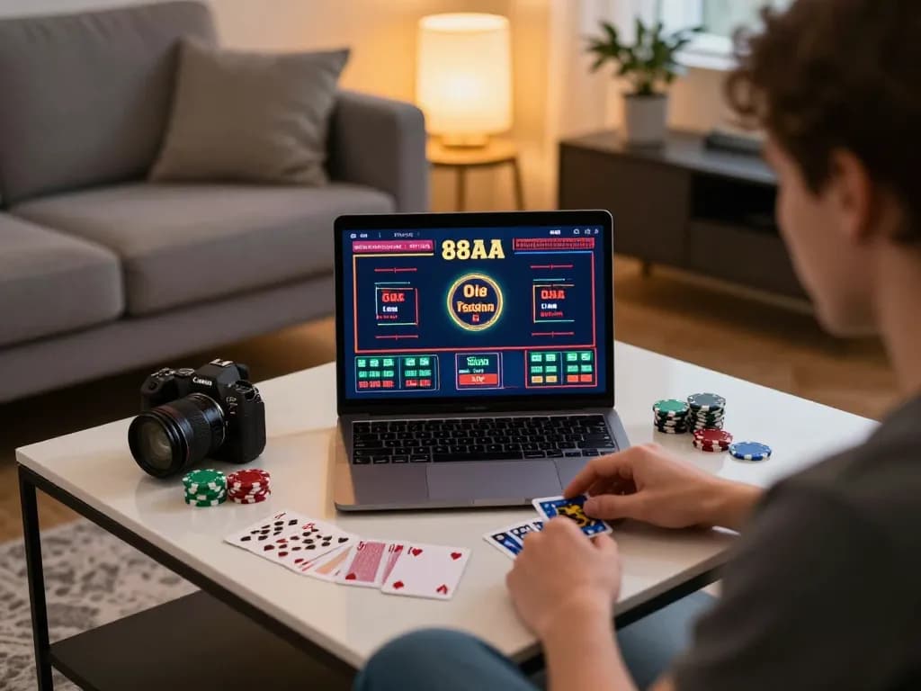 Online gamer analyzing strategies at home with 88AA gaming interface visible on screen