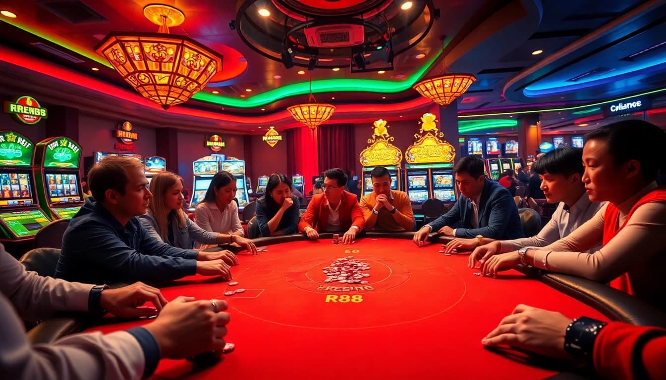 Entering the excitement of RR88's high-stakes casino action with vibrant poker tables and shimmering chips.