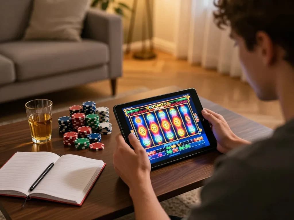 Engaged player enjoying slot games on tr88 mobile app at home with vibrant graphics.