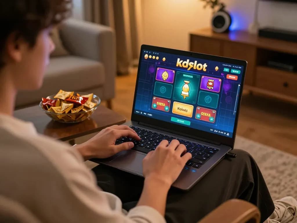 Engaged player enjoying kdslot on their laptop in a cozy home setting, emphasizing online gaming