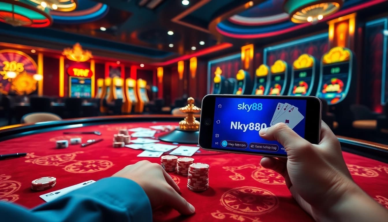 Experience the thrills of nhà cái sky88 with vibrant gaming visuals featuring roulette, slots, and poker.