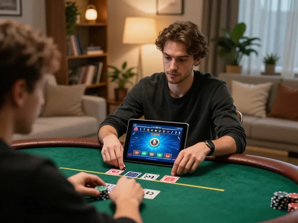 Player strategizing in poker game on Go88 mobile app in a cozy living room.