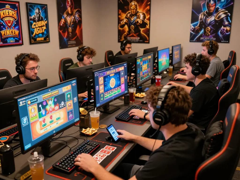 Kuwin online gaming experience with diverse players engaged in exciting gambling games surrounded by vibrant displays and cozy atmosphere.