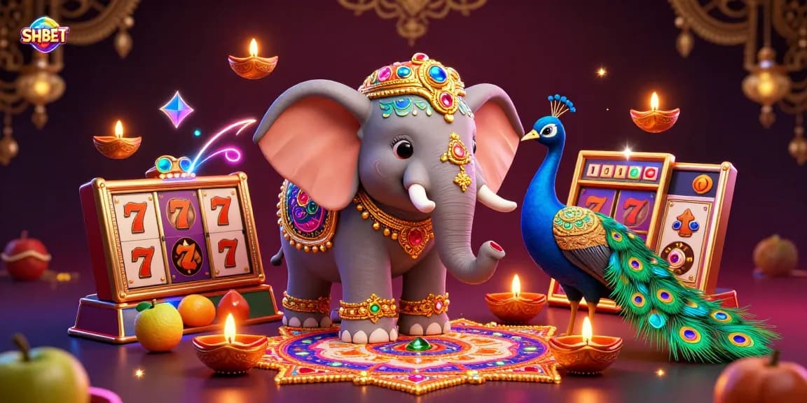Experience the dazzling SHBET elephant and peacock surrounded by vibrant casino elements.