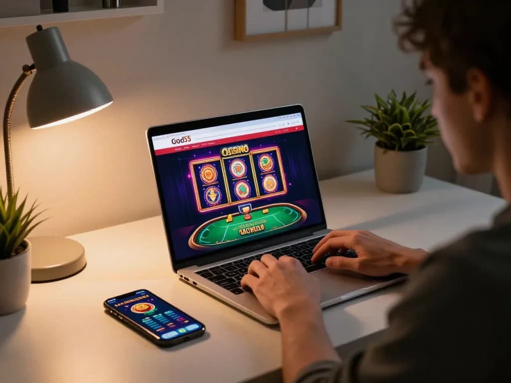 Experience the excitement of god55 with a player engaging in online slots and poker at home.