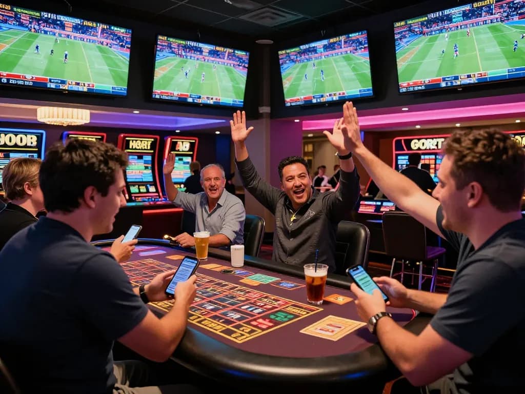 Suasana taruhan olahraga COMBO99 di mana penjudi menganalisis odds dan merayakan kemenangan dalam atmosfer kasino yang vibrant