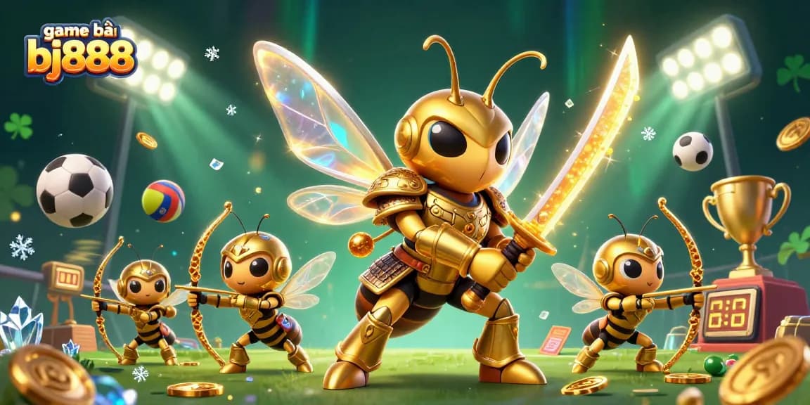 Experience game bài bj888 with thrilling 3D characters surrounded by dynamic gaming elements and vibrant visuals.