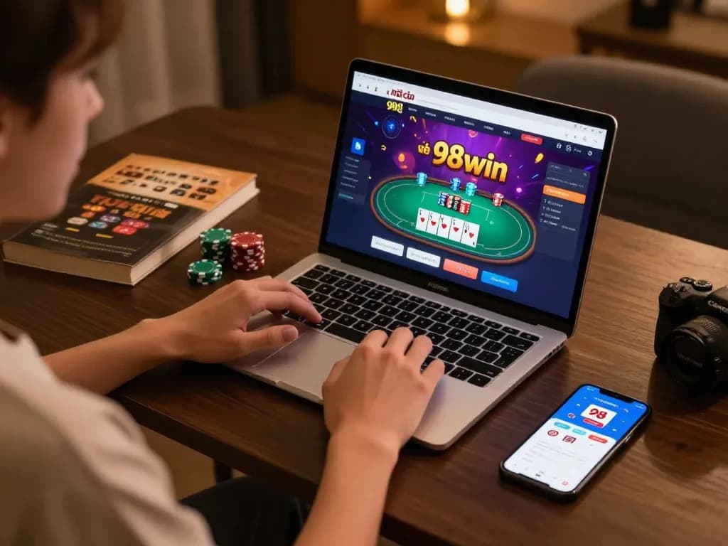 Person engaged with the nhà cái 98win platform on a laptop, showcasing strategic online gaming.
