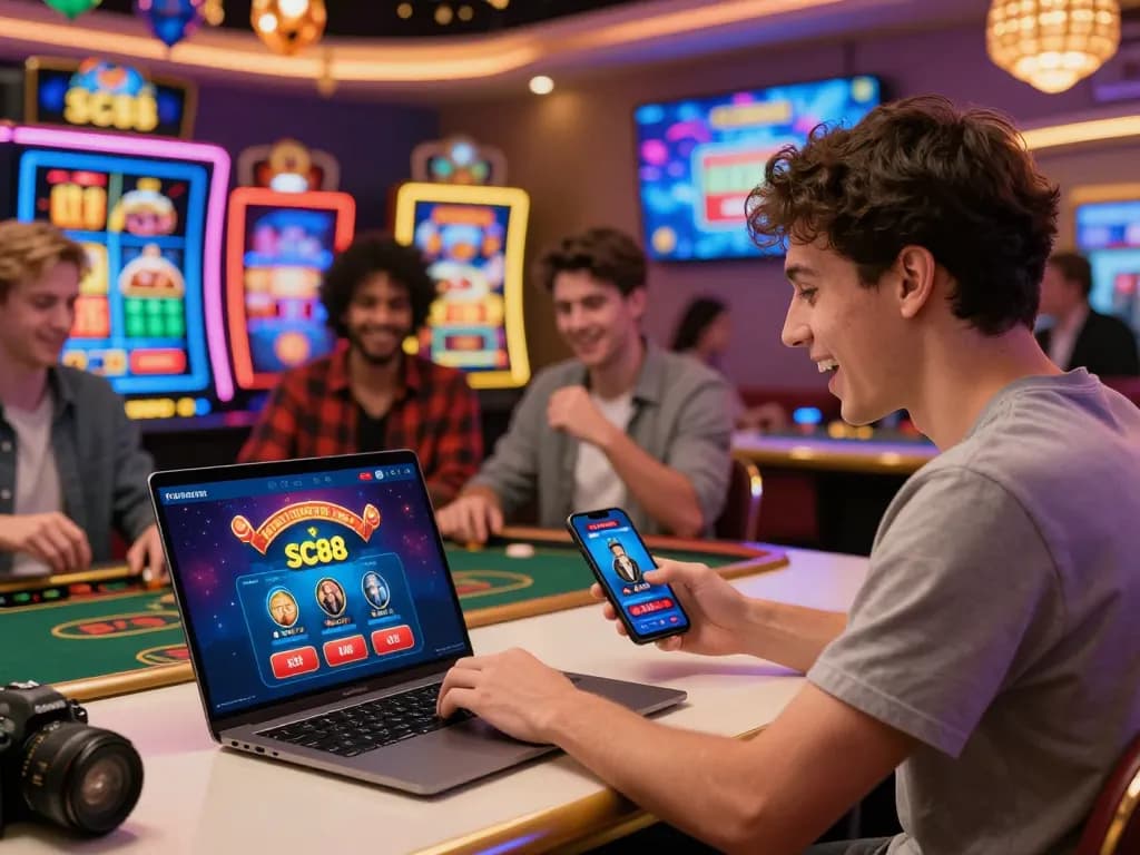Engaged players experiencing the SC88 online betting platform with vibrant casino ambiance and user-friendly mobile app interface.