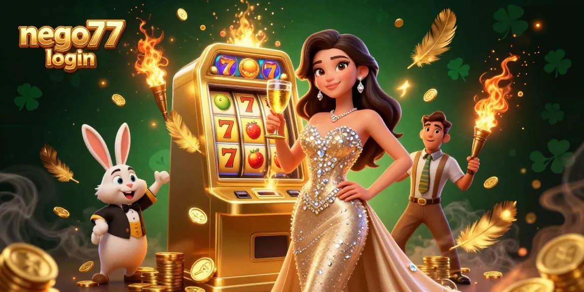 Play at NEGO77 login with a stunning woman and jackpot slot machine in an exciting casino scene.
