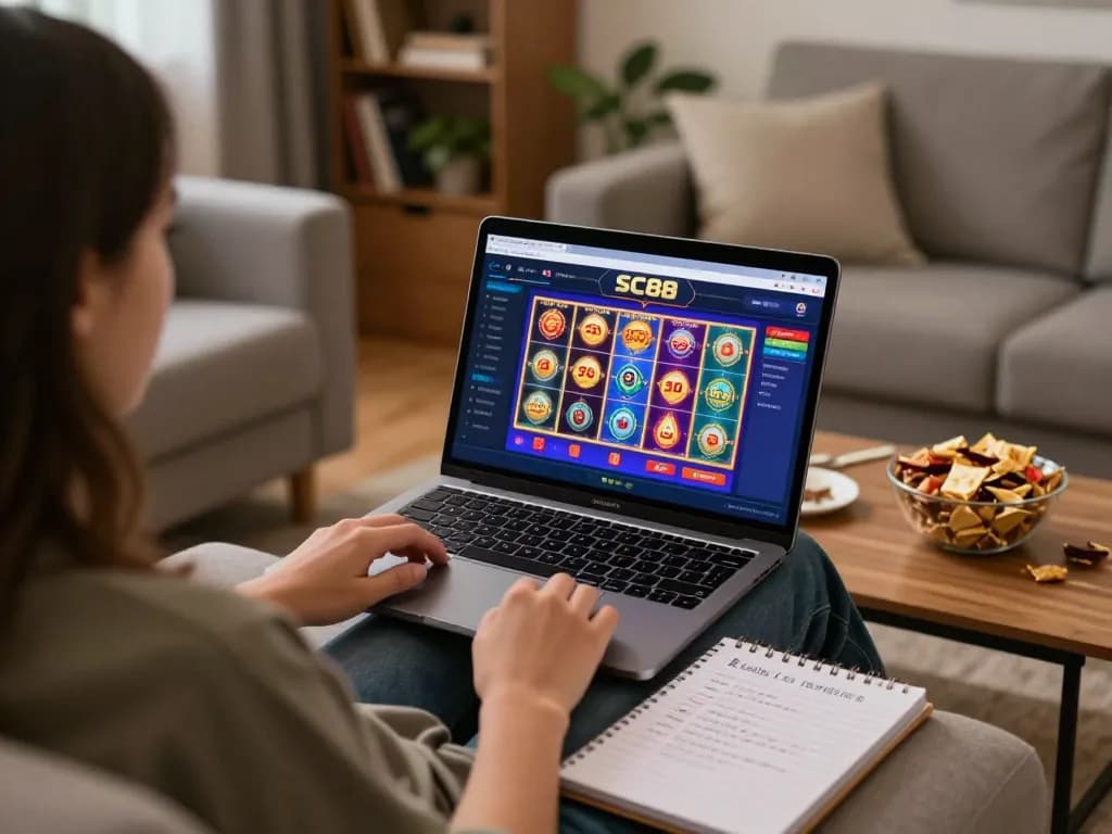 Player enjoying SC88 online slots on a laptop while taking notes at home.