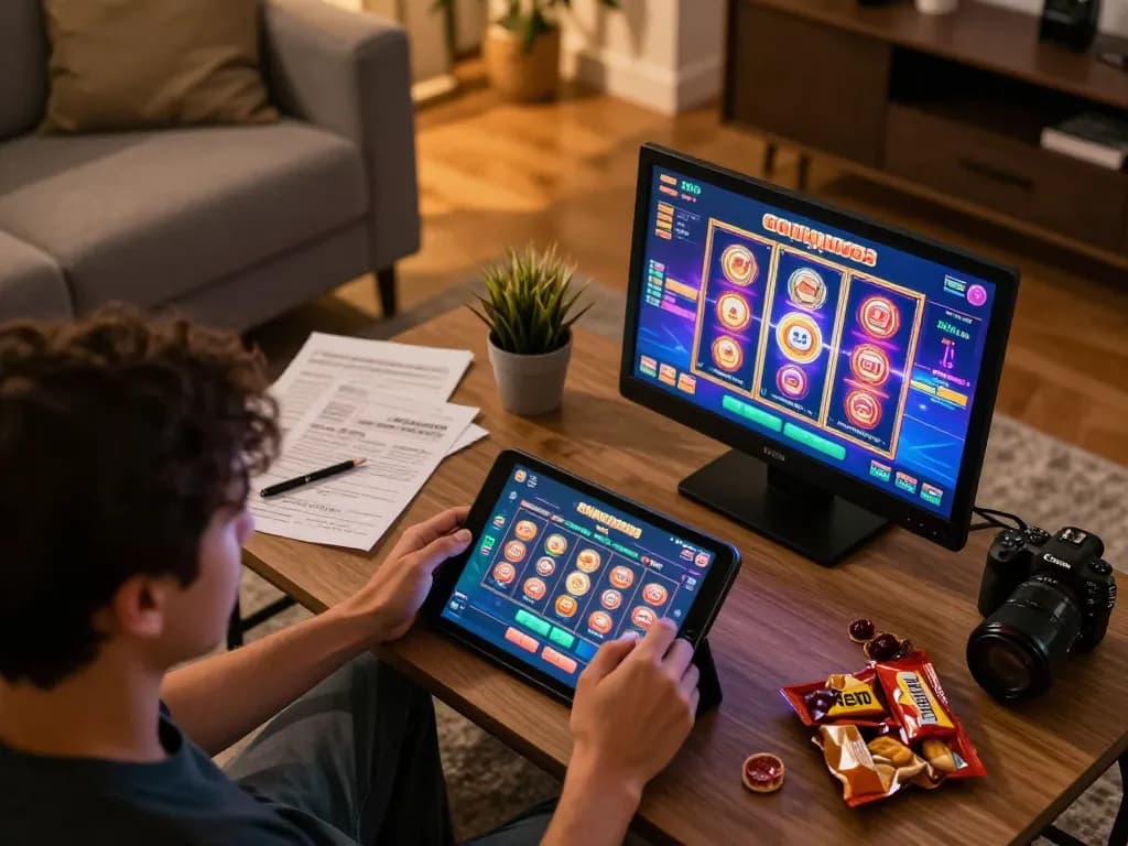 Engaging player exploring slot gacor games on tablet in cozy home setting.