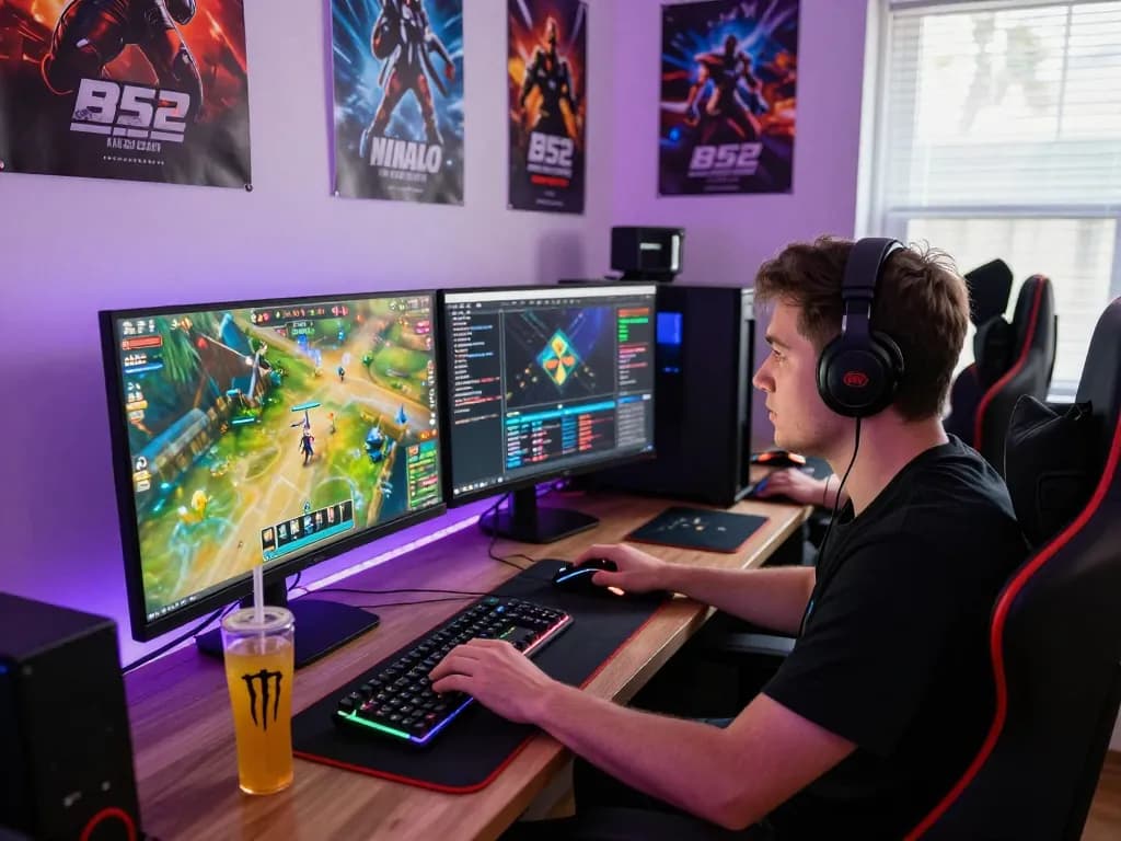 Engaging gamer playing tải b52 club on a high-performance setup, showcasing vibrant graphics and accessories.