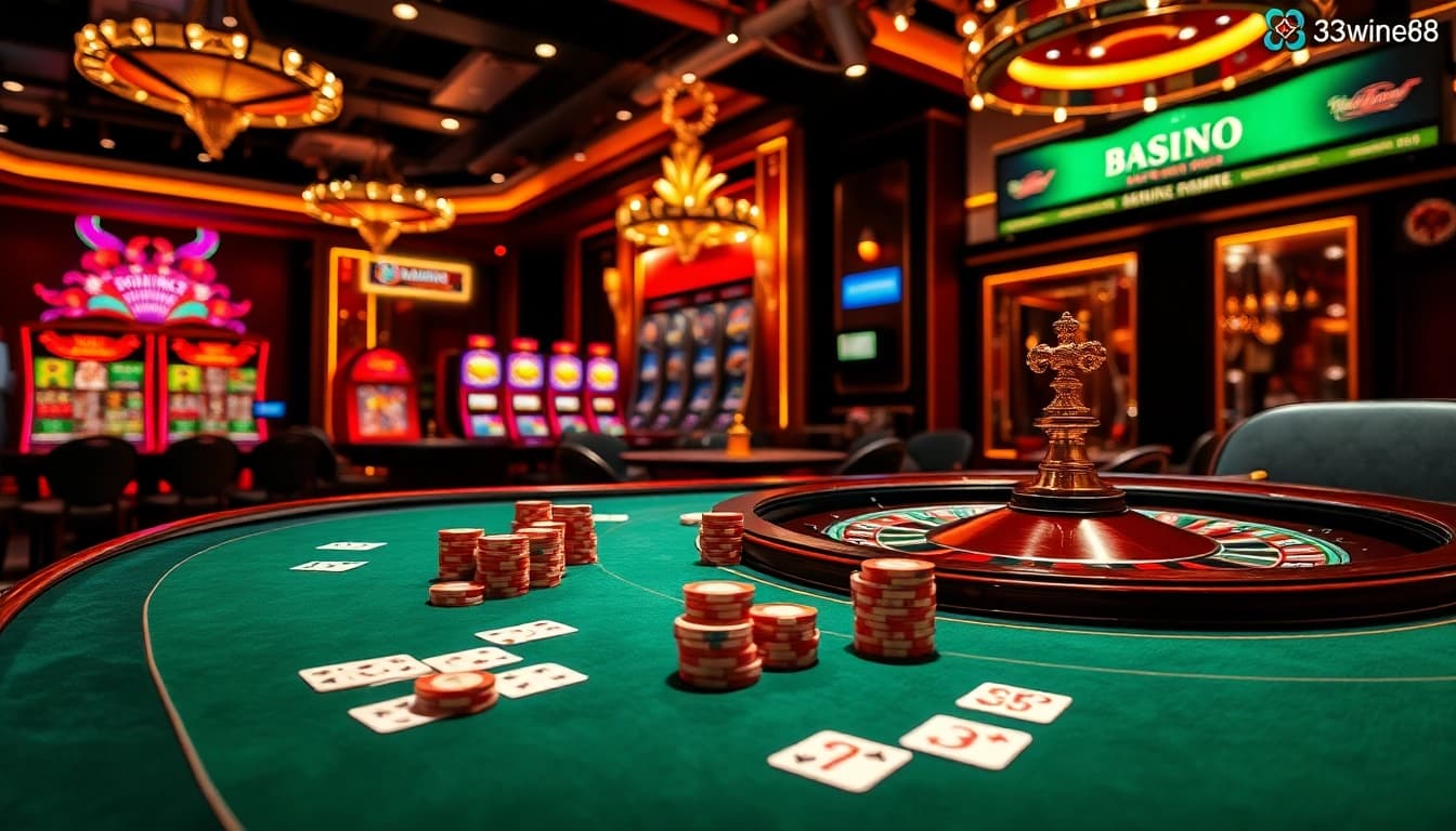 Action-packed casino scene showcasing the excitement of 33win68 with players at a poker table.