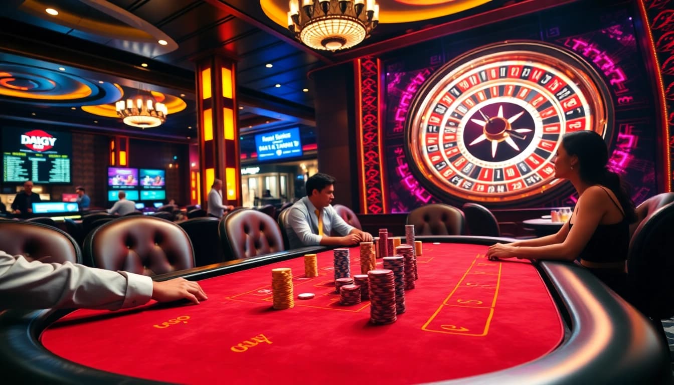 Daga players strategizing at a luxurious casino poker table with vibrant chips.