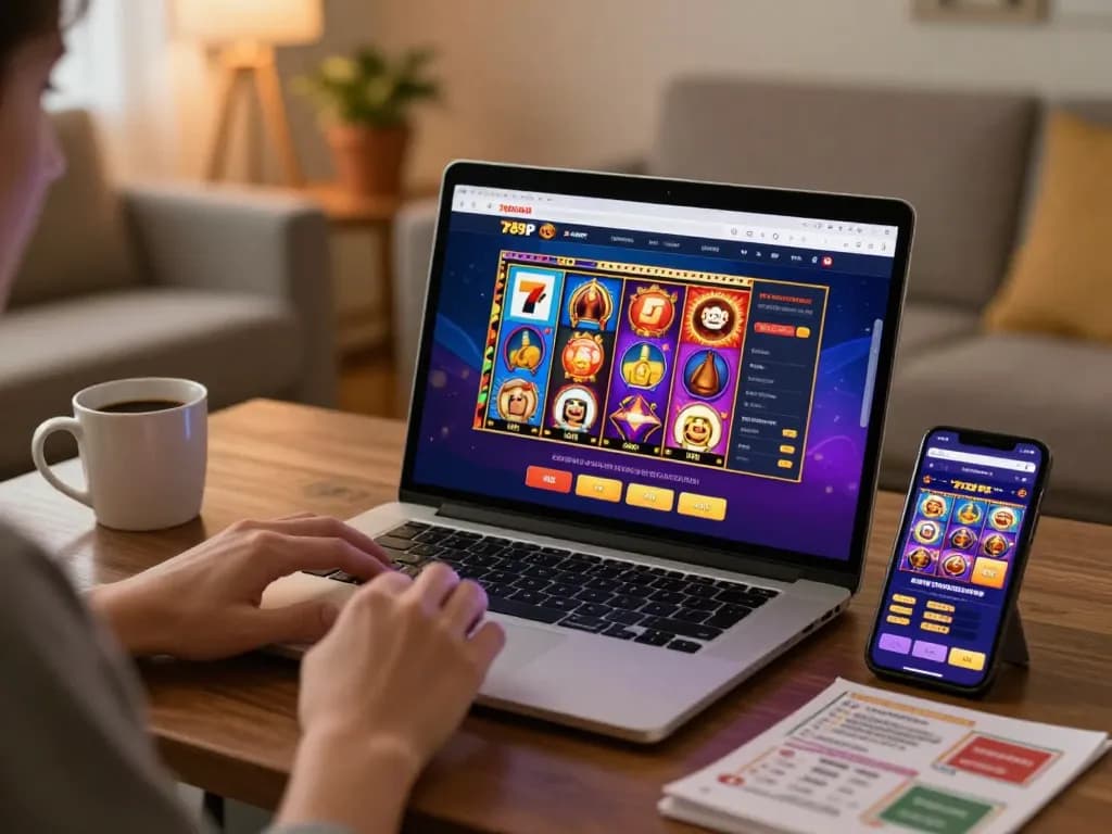 Engaging with the 789P casino app on a laptop, showcasing colorful slot games and user-friendly interface.