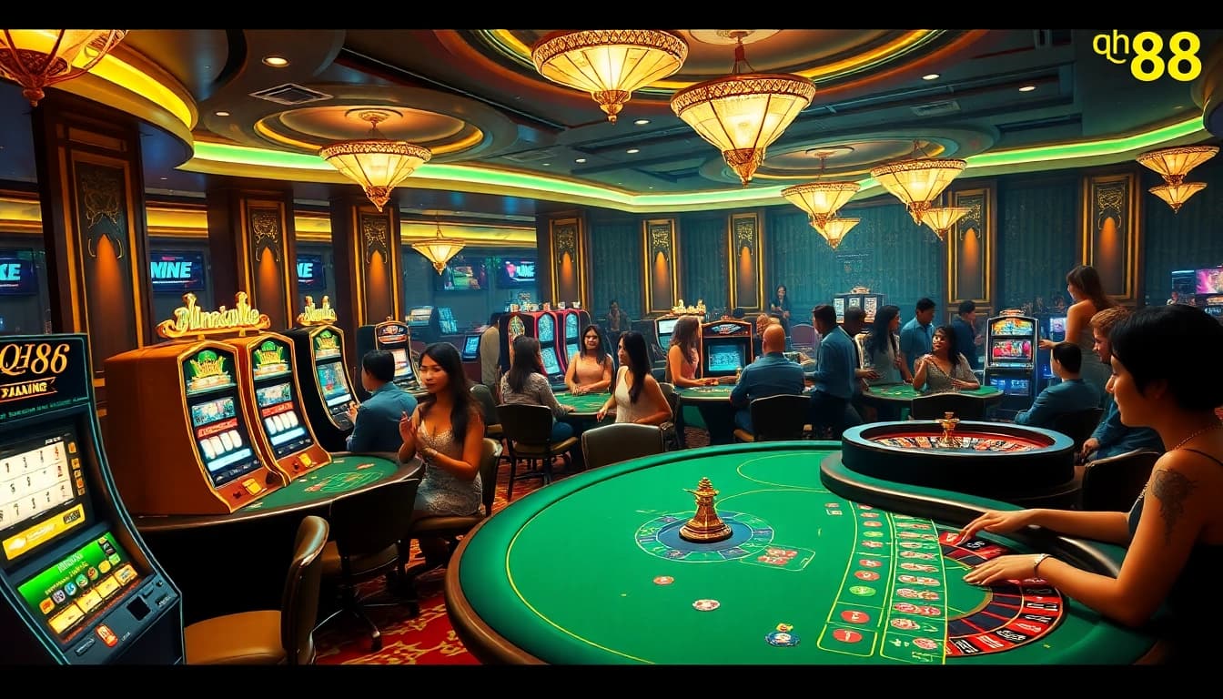 Engage with qh88 at a luxurious casino with vibrant tables and excited players.