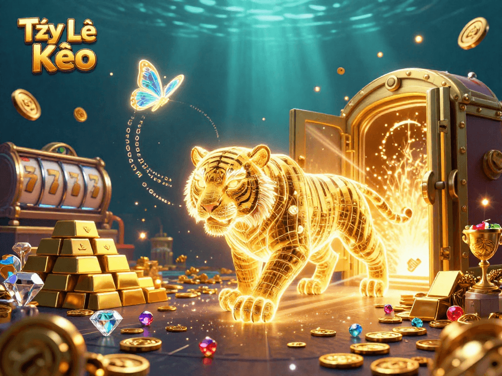 Engage with Tỷ Lệ Kèo in a vibrant casino scene featuring a golden tiger and dynamic slot reels.