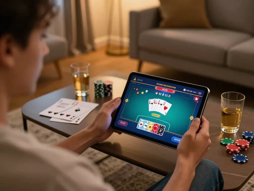 Gaming strategy session at home using online casino app, featuring poker interface and cozy setting. link vào