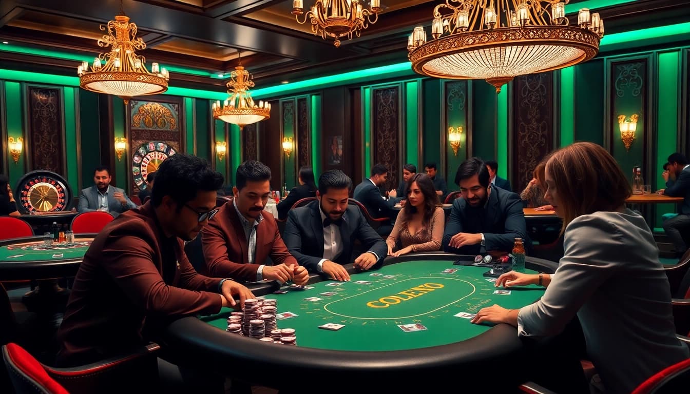 Experience high-stakes excitement at https://luckywin.fan/ with luxury casino tables and players engaged in gaming.