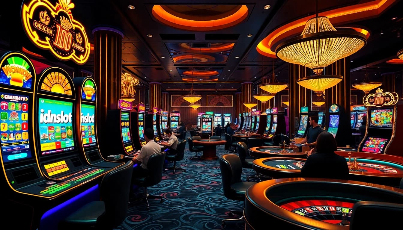Experience thrill at idnslot with luxurious casino games, including vibrant slot machines and poker tables.
