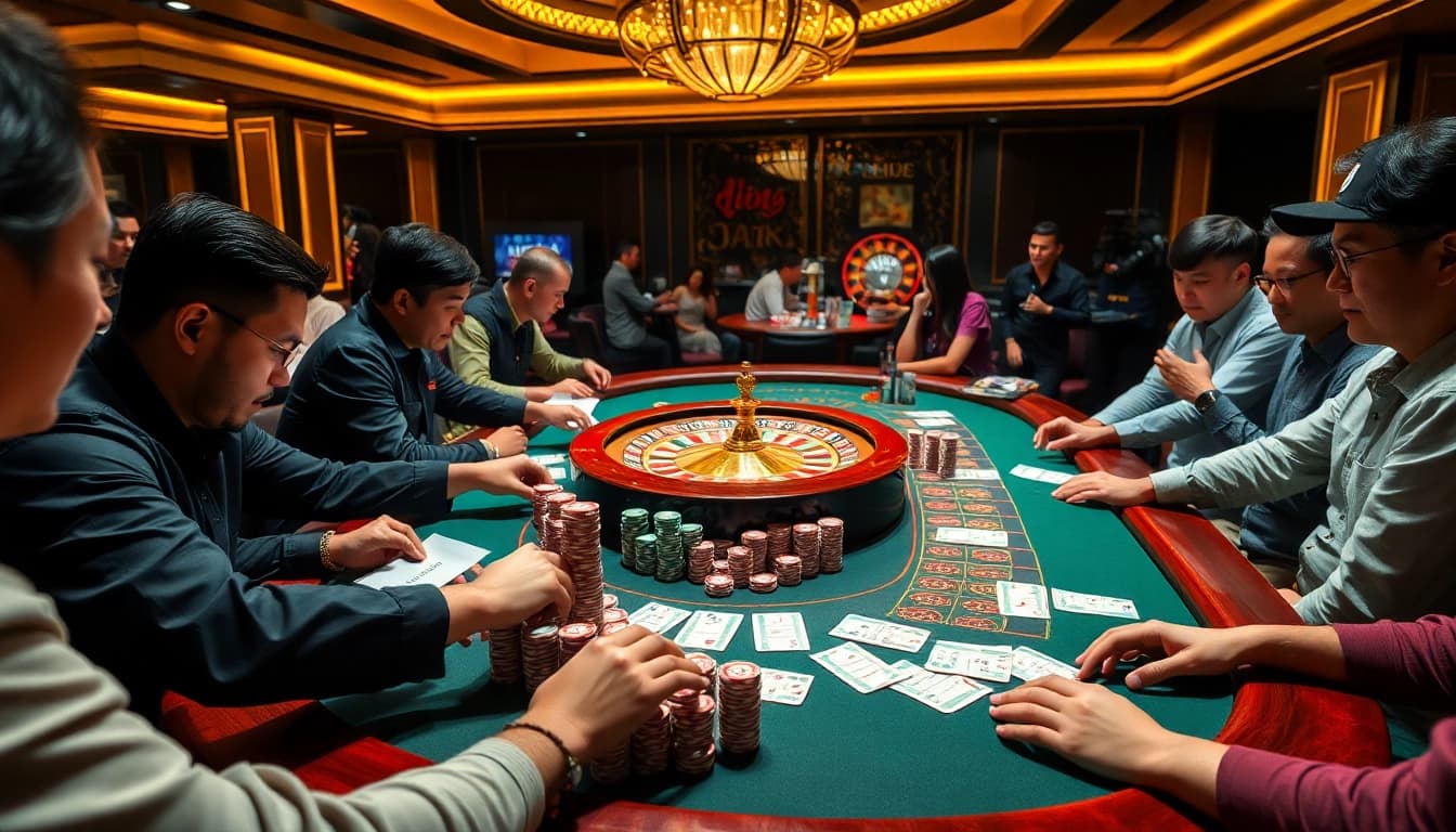 Exciting lô đề uy tín scene with players placing bets on a vibrant casino table.
