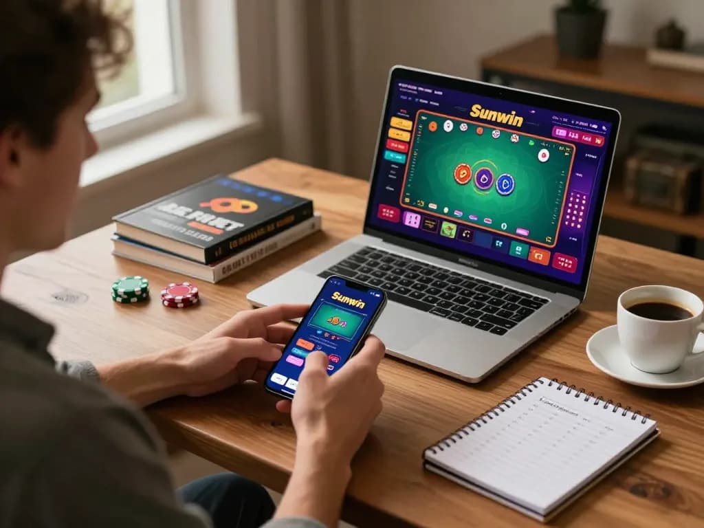 Engaging with the Sunwin app on a smartphone while enjoying online gaming at home.