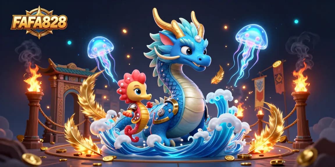 Experience the thrill of FAFA828 with a vibrant underwater battle scene featuring a majestic dragon and knights.